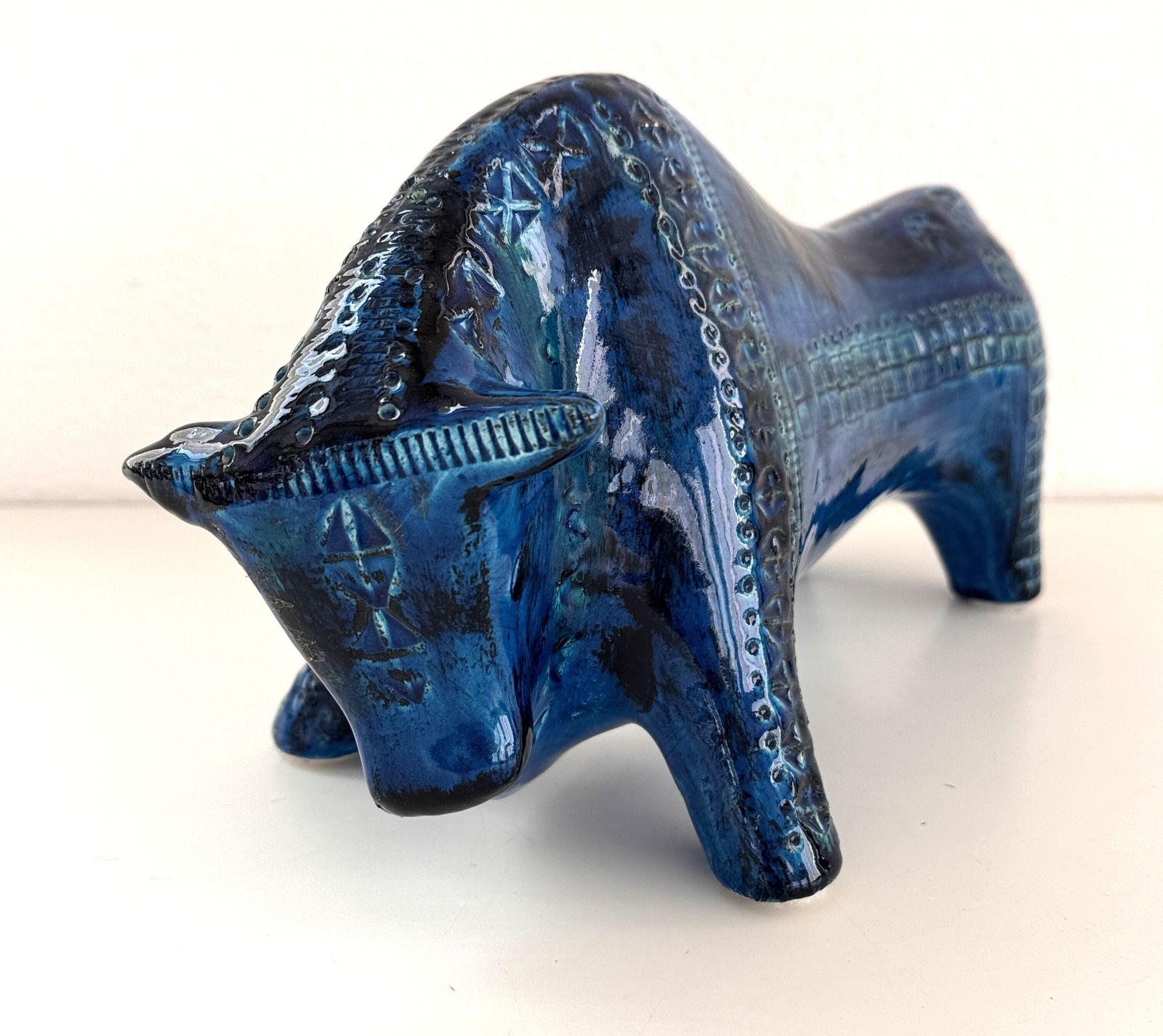 Italian Midcentury Ceramic Bull Rimini Blu By Aldo Londi For Bitossi, 1960s photo for sale