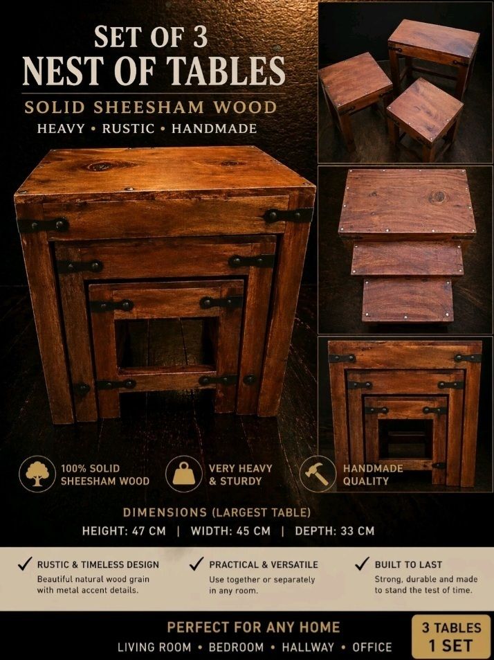 Handmade Solid Wood Nest Of 3 Tables Industrial Side End Lamp Table Set photo buy