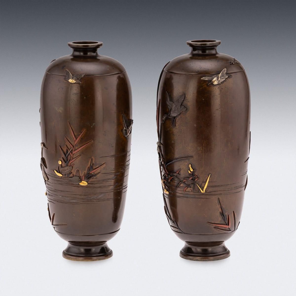 Antique 19thc Japanese Meiji Period Pair Of Inlaid Bronze Ovoid Vases By Miyabe photo Home Decor