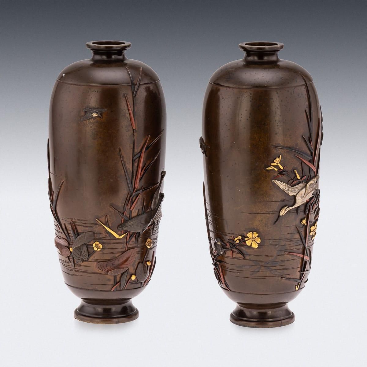 Antique 19thc Japanese Meiji Period Pair Of Inlaid Bronze Ovoid Vases By Miyabe photo vinterior