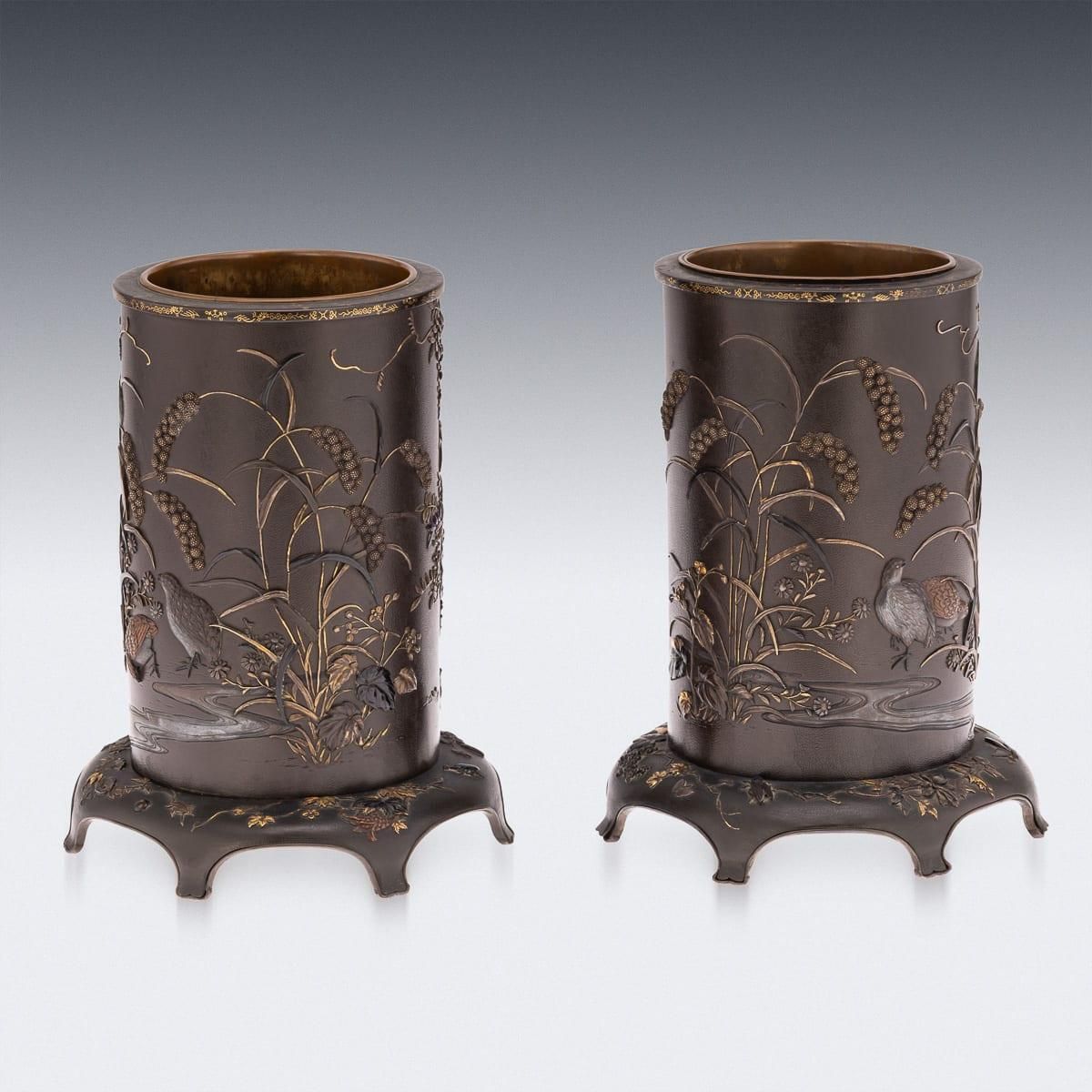Antique 19thc Japanese Meiji Period Pair Of Inlaid Bronze Cylindrical Brushpots photo for sale