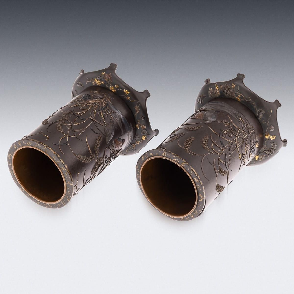 Antique 19thc Japanese Meiji Period Pair Of Inlaid Bronze Cylindrical Brushpots photo buy