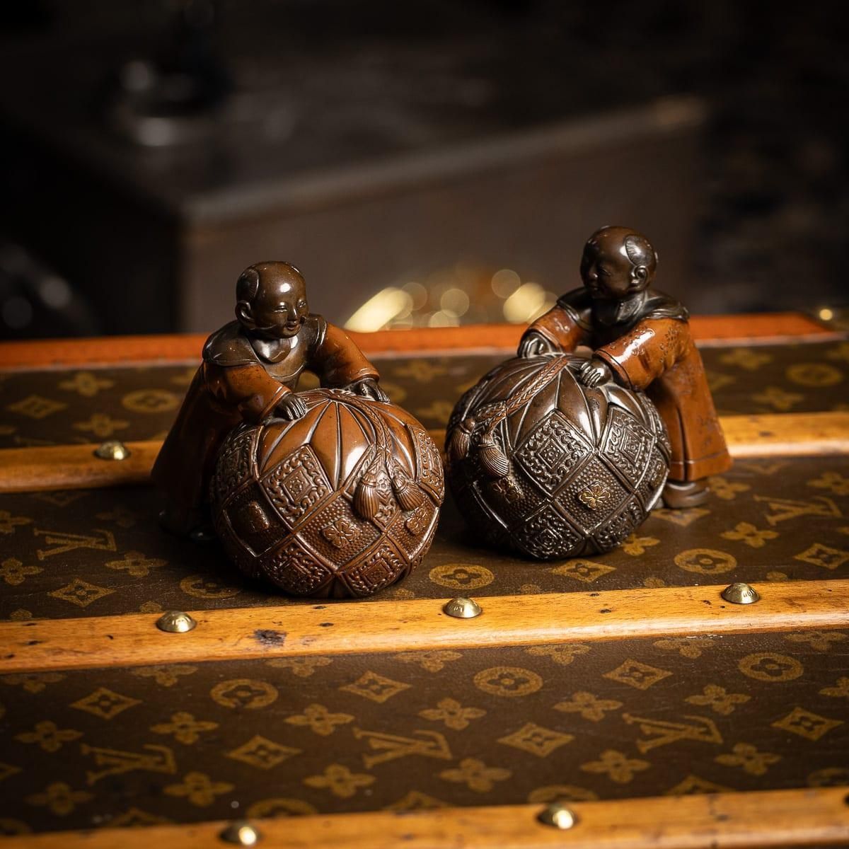 Antique 19thc Japanese Meiji Period Pair Of Bronze Vessels In The Form Of Karako photo furniture