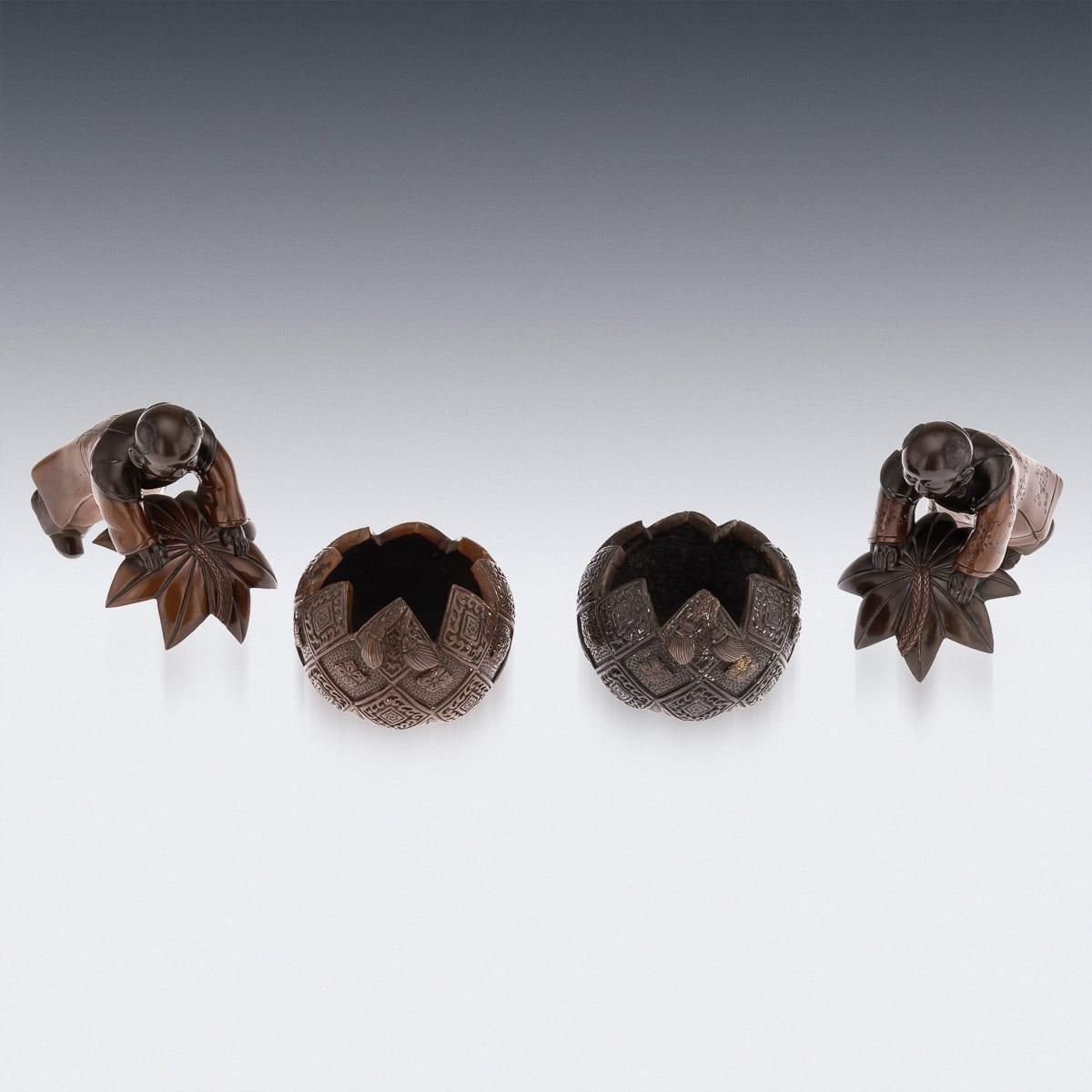 Antique 19thc Japanese Meiji Period Pair Of Bronze Vessels In The Form Of Karako photo vintage