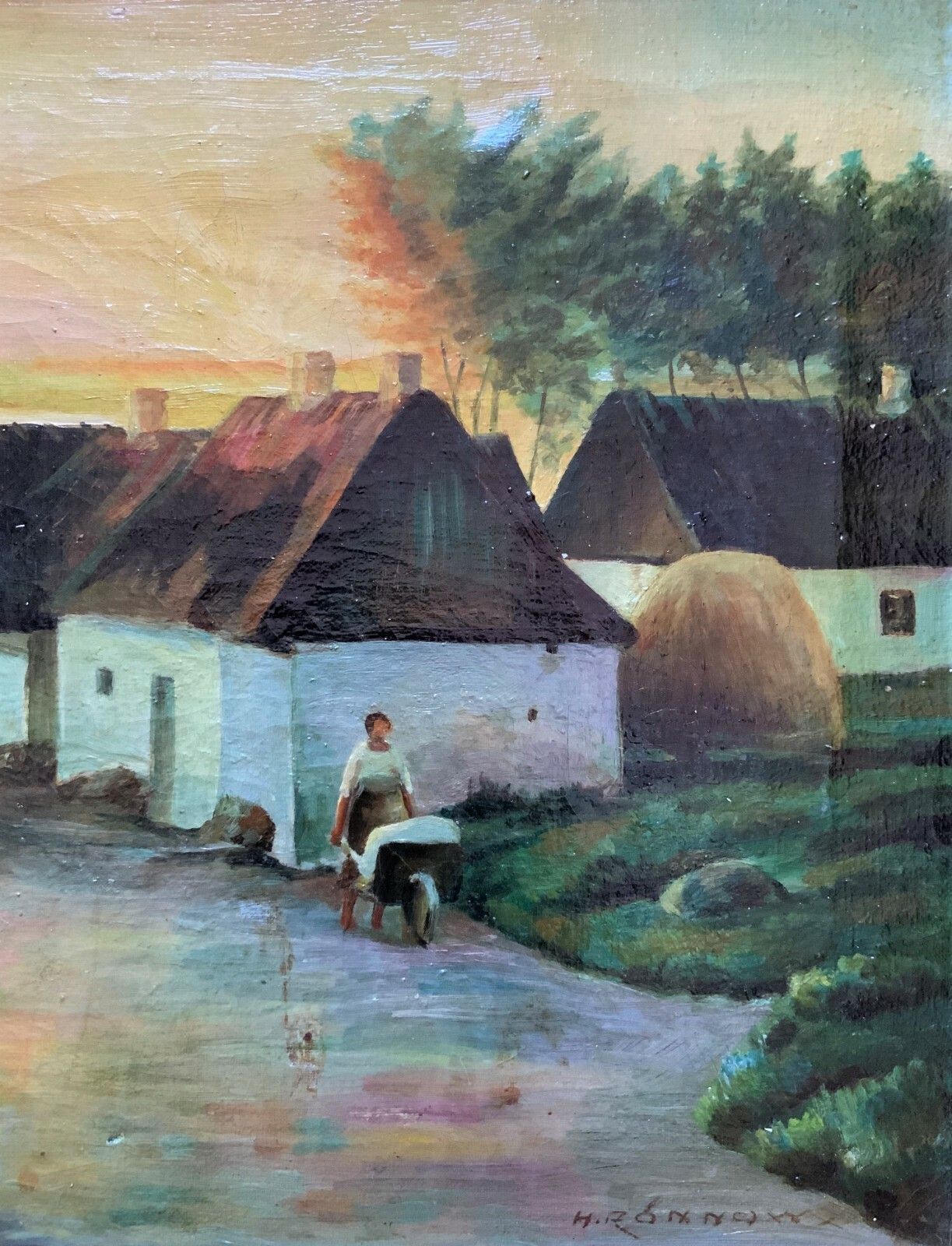 Unusual Original Signed Mid 20thc Oil On Canvas Village Painting photo for sale