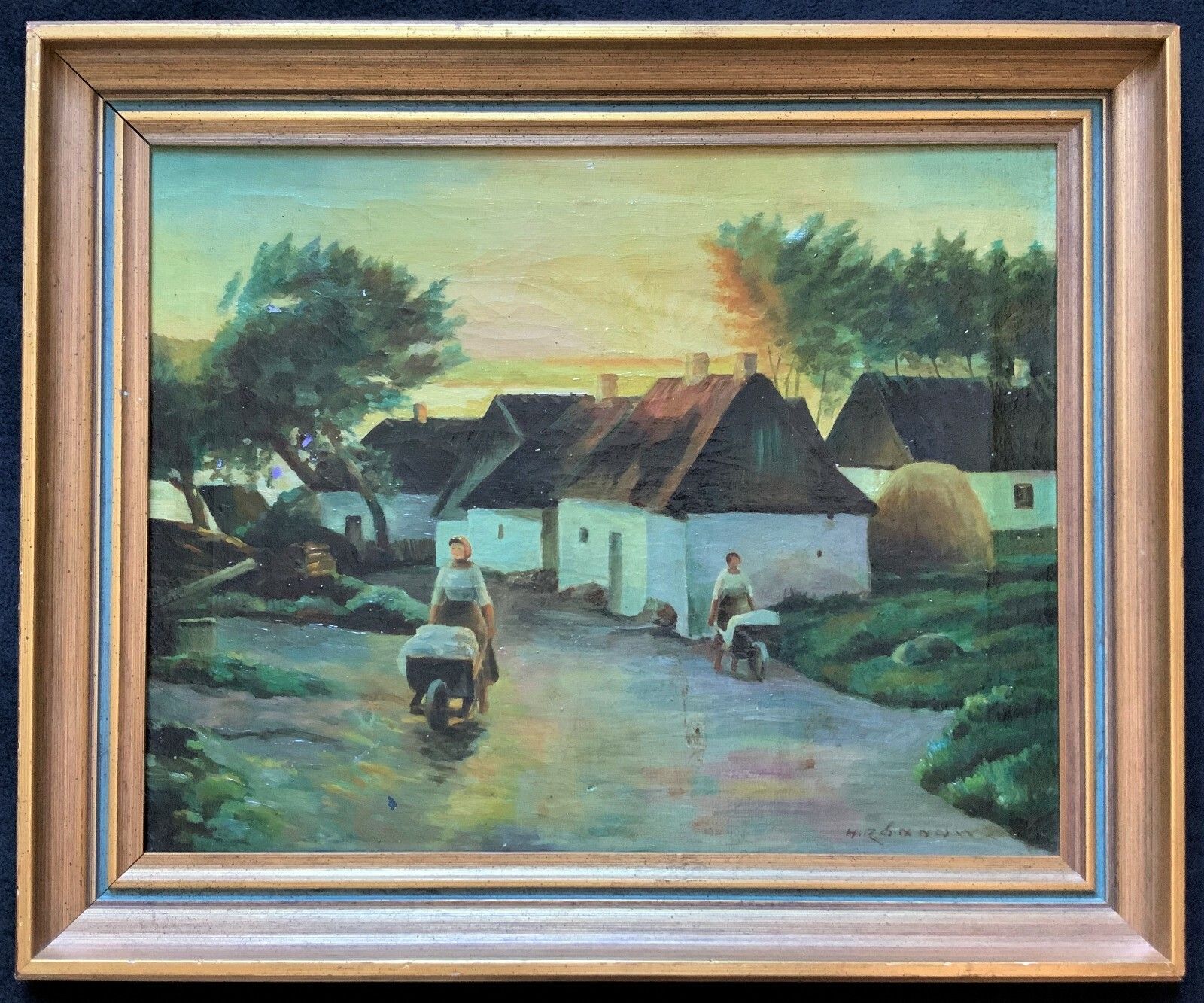 299.0 Unusual Original Signed Mid 20thc Oil On Canvas Village Painting photo