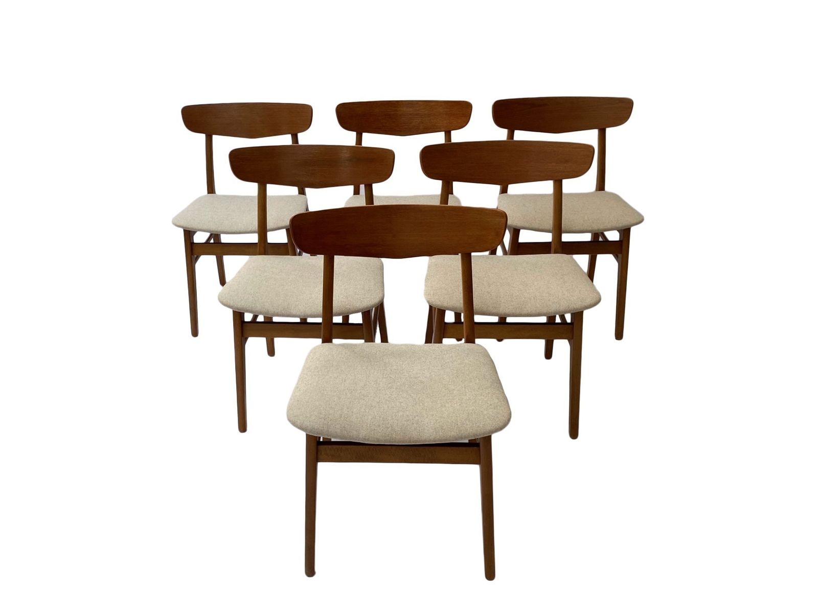 photo vintage Danish Farstrup Set Of 6 Teak And Beech Cream Wool Dining Chairs Mid Century 1960s