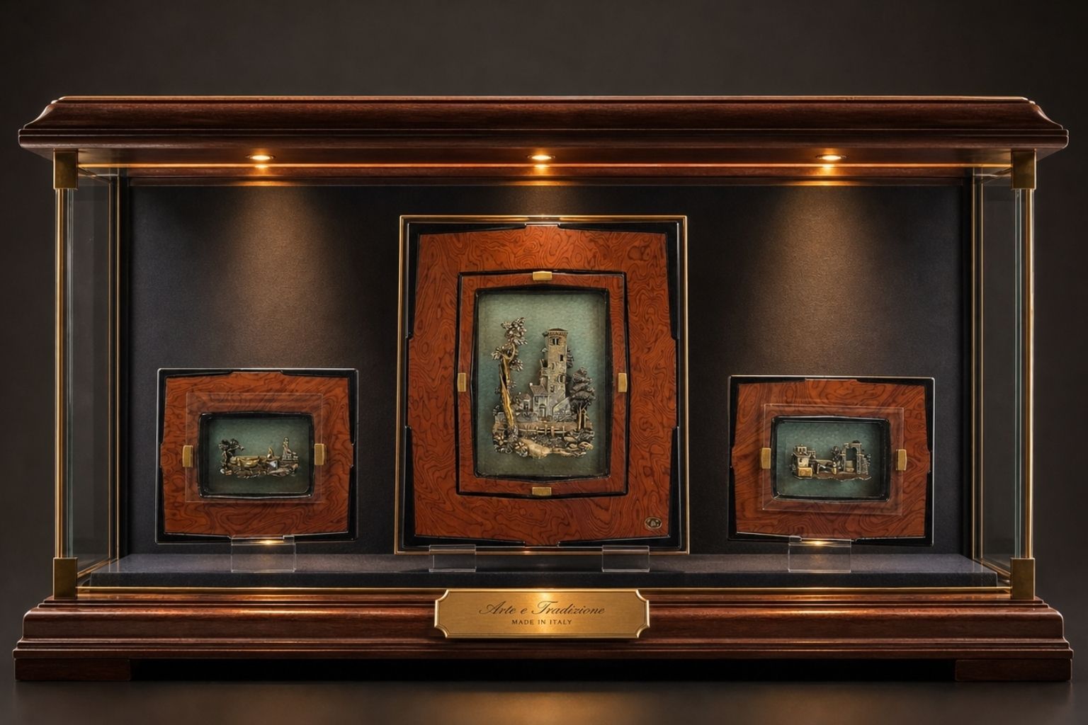 Trittico D’arte Alessandro Zenobi – Altorilievi In Argento 999 E Oro 24kt In Radica E Cristallo
