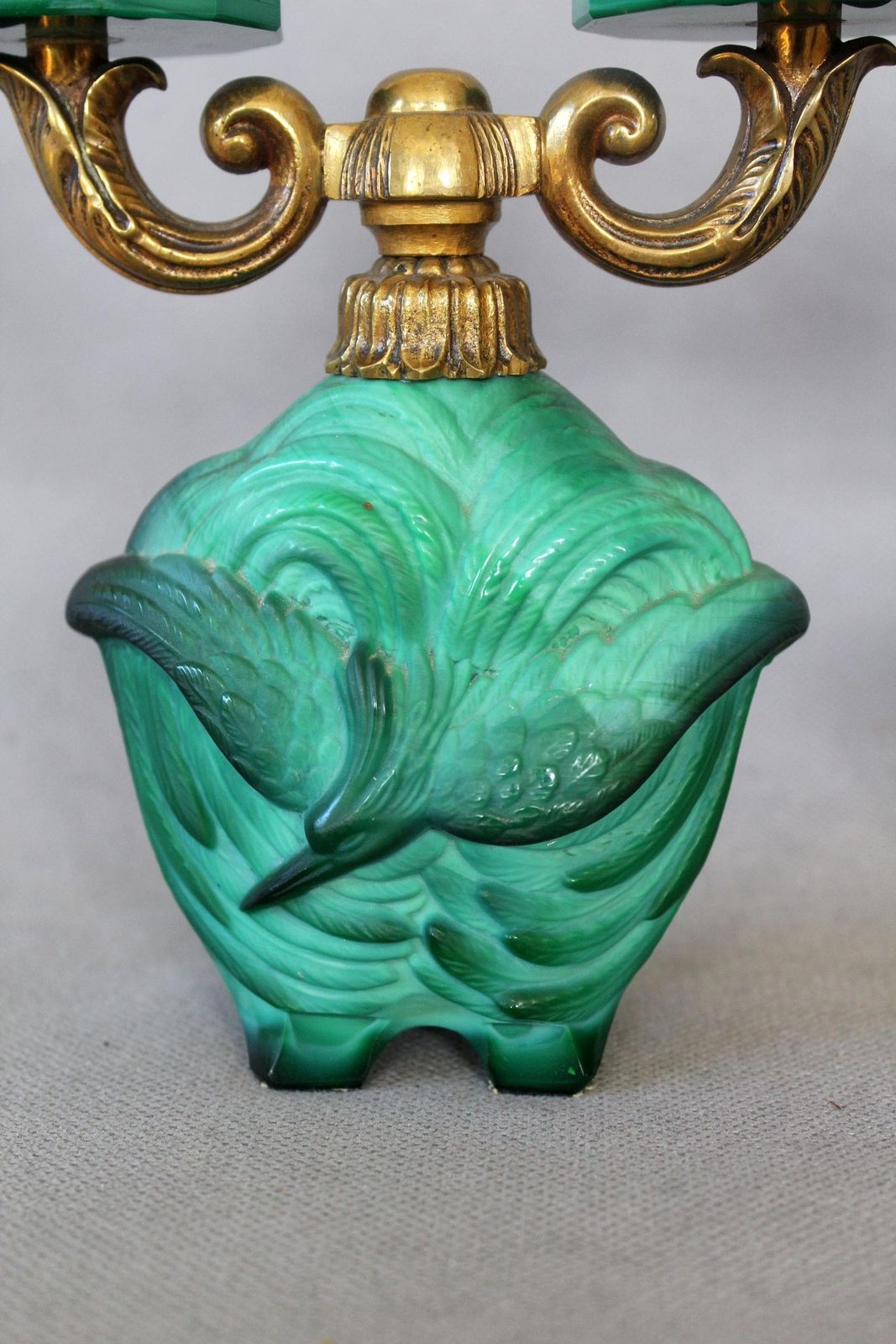 Vintage Pair Of 1930s Czechoslovakian Art Deco Candelabra, Malachite Glass And Brass Fixture, Style Curt Schlevoght, Embossed Flying Bird photo vintage