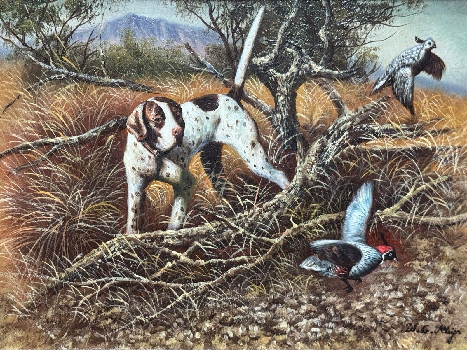 Country Landscape Pointer Hunting Dog Stalking Pheasants Oil Painting W G Keeyn photo Art