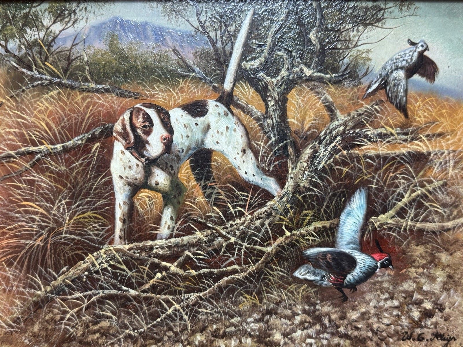 photo for sale Country Landscape Pointer Hunting Dog Stalking Pheasants Oil Painting W G Keeyn