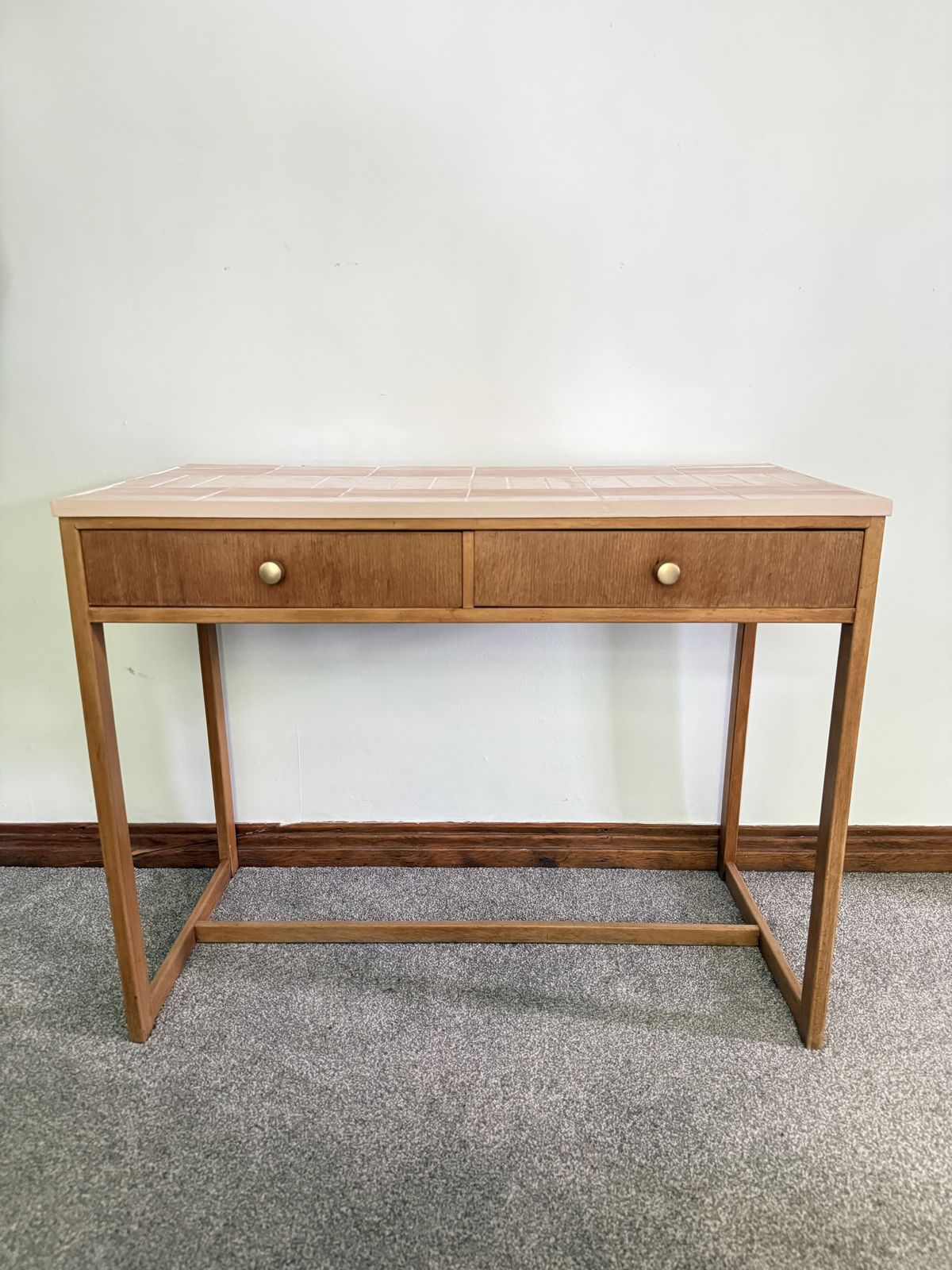 Mid Century Herbert E. Gibbs Desk With Hand Tiled Pink Metro Top — One Of One