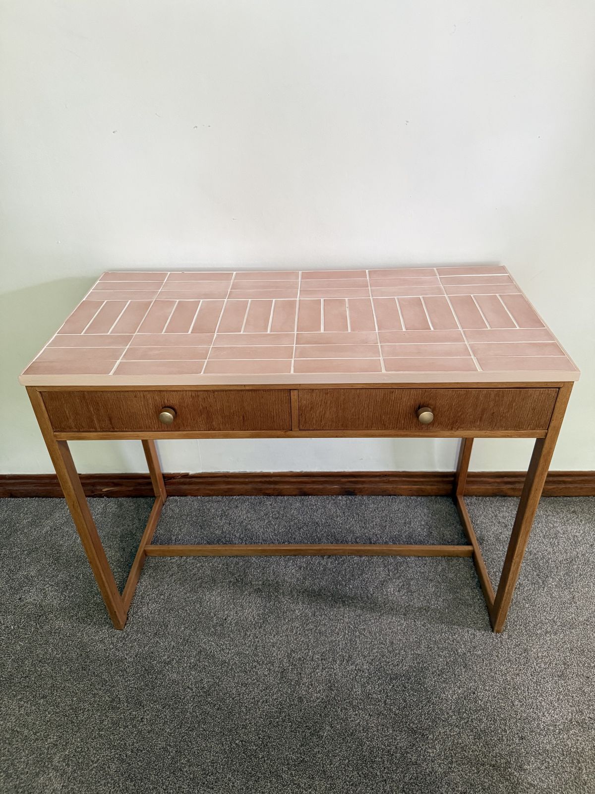 Mid Century Herbert E. Gibbs Desk With Hand Tiled Pink Metro Top — One Of One photo vinterior