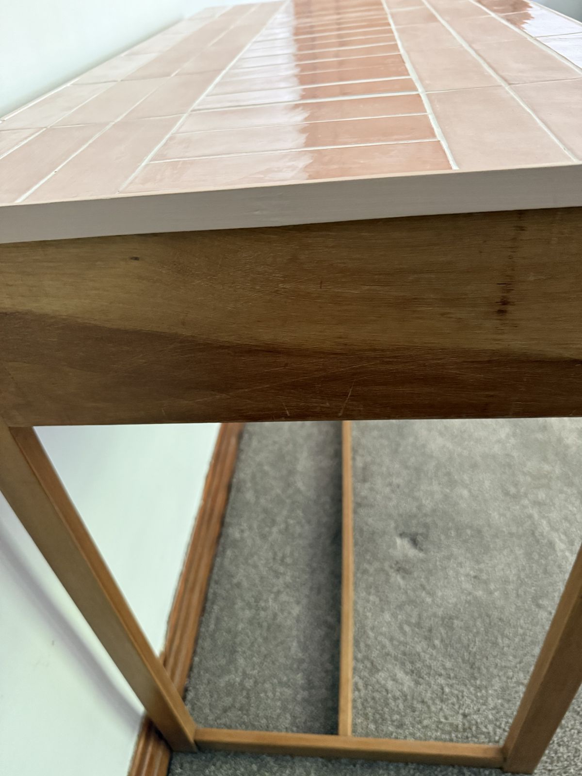 photo vinterior Mid Century Herbert E. Gibbs Desk With Hand Tiled Pink Metro Top — One Of One
