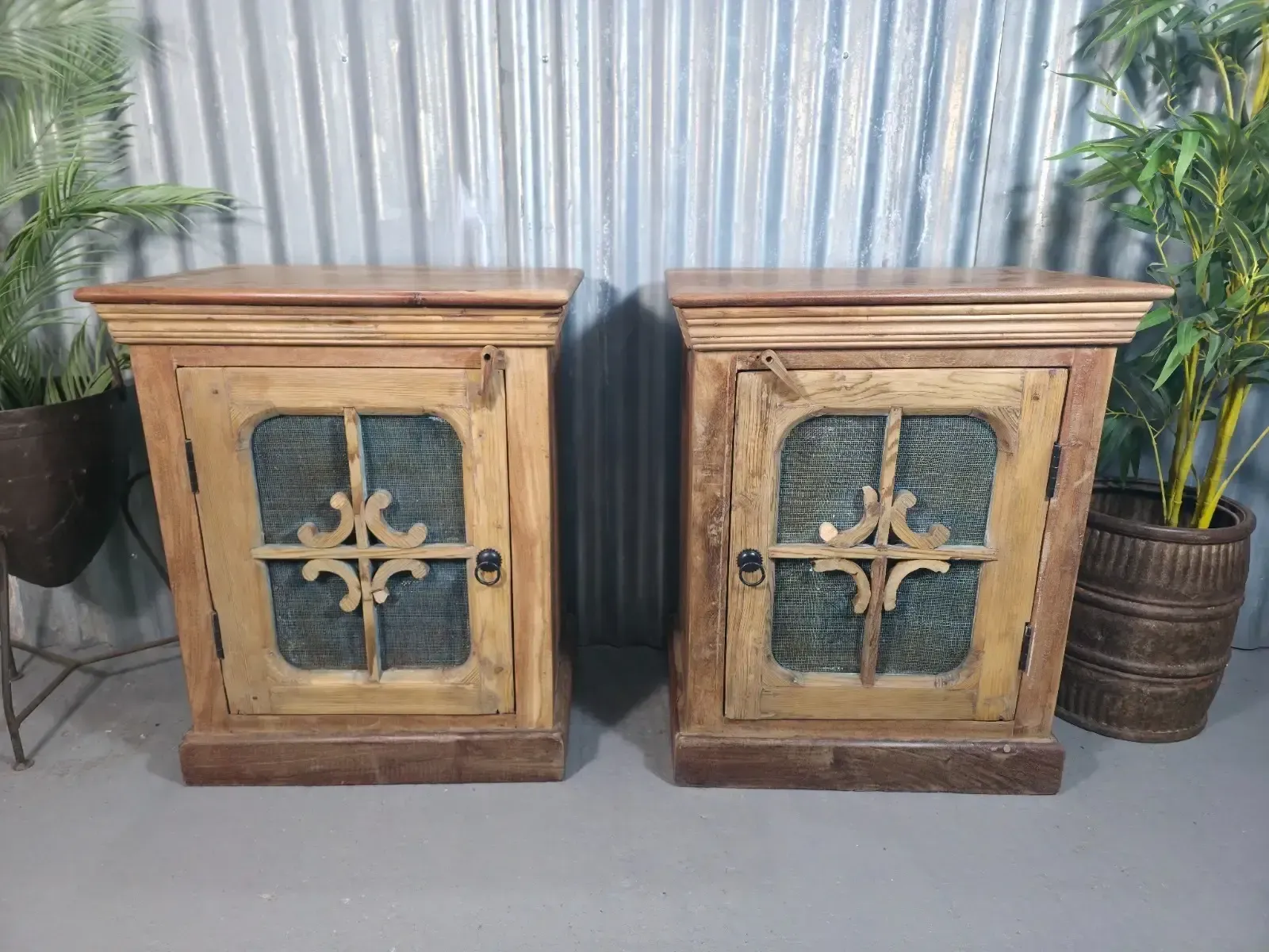 Vintage Reclaimed Pair Solid Wooden Indian Carved Bedside Cupboards Cabinets