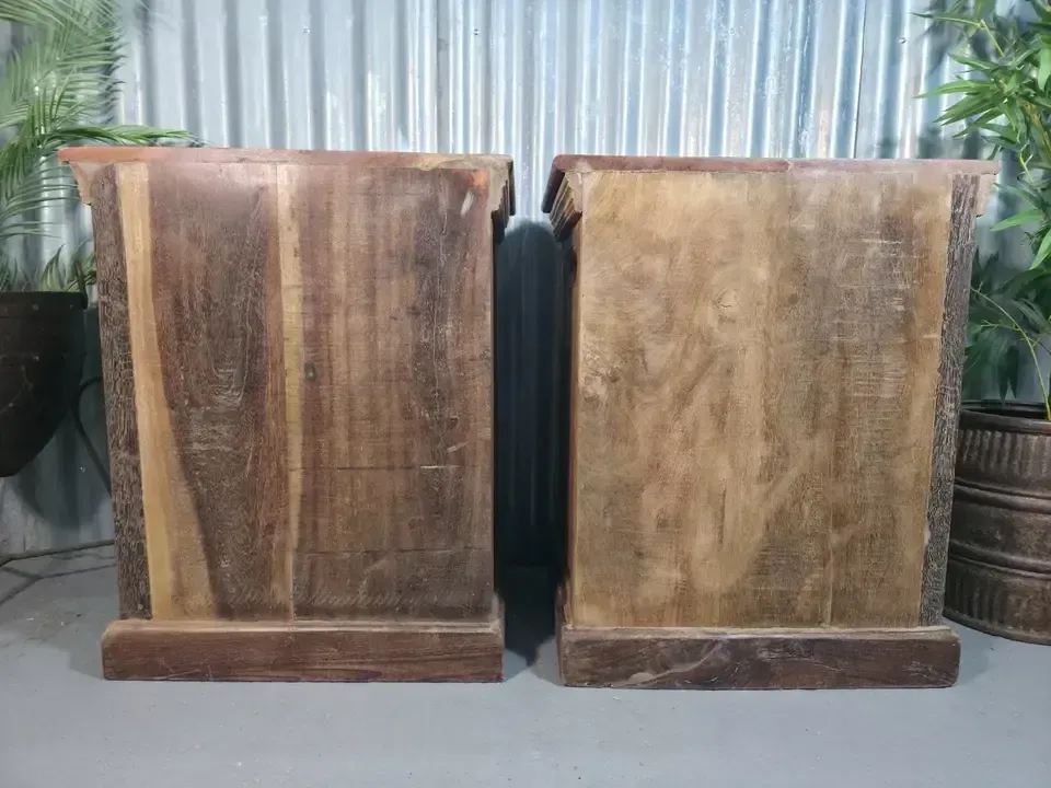photo for sale Vintage Reclaimed Pair Solid Wooden Indian Carved Bedside Cupboards Cabinets
