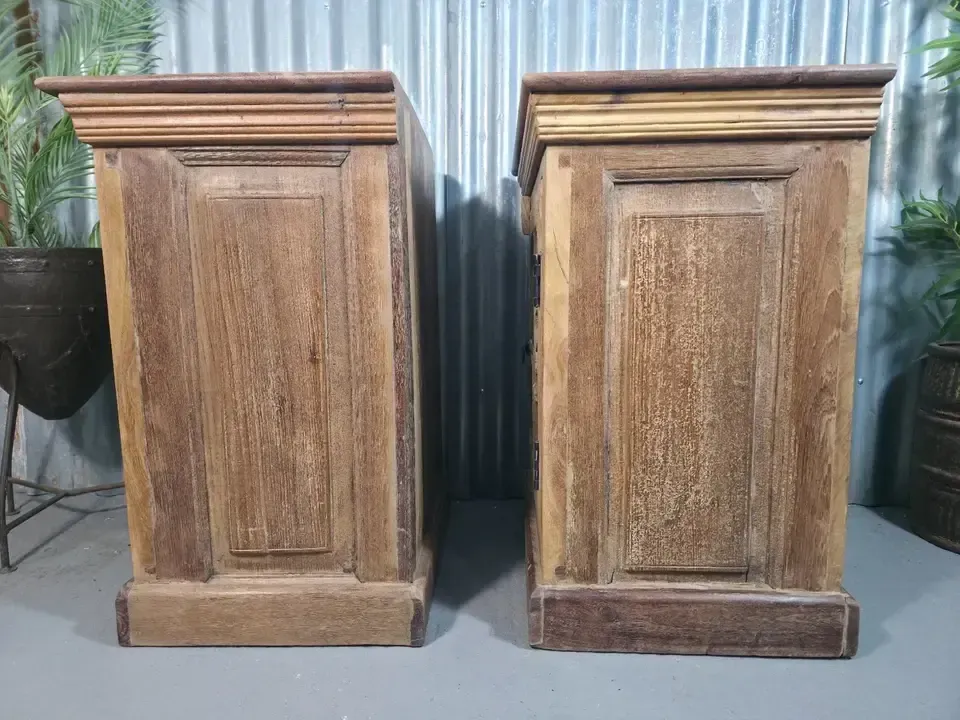 Furniture Vintage Reclaimed Pair Solid Wooden Indian Carved Bedside Cupboards Cabinets photo