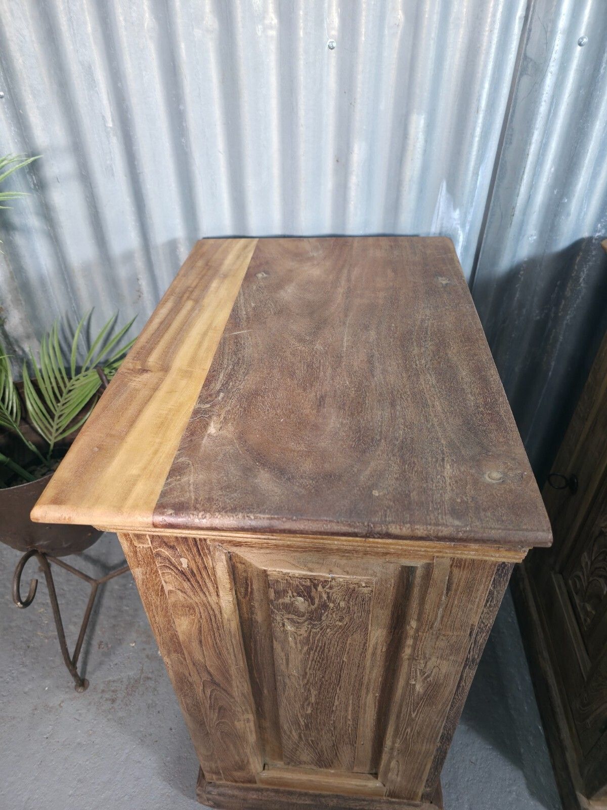 345.0 Vintage Reclaimed Pair Wooden Indian Carved Bedside Tables Cupboards Cabinets photo