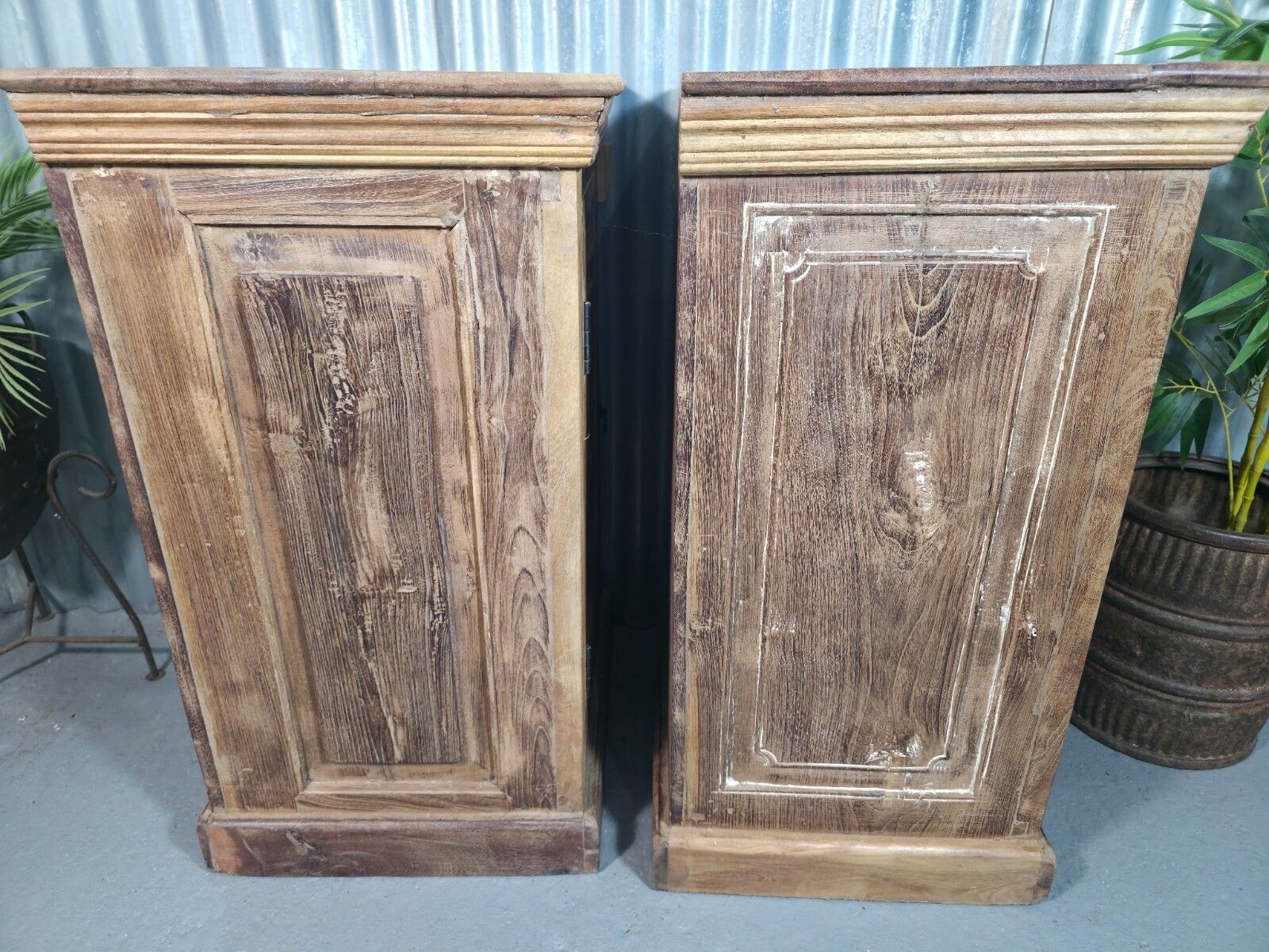 Vintage Reclaimed Pair Wooden Indian Carved Bedside Tables Cupboards Cabinets photo buy
