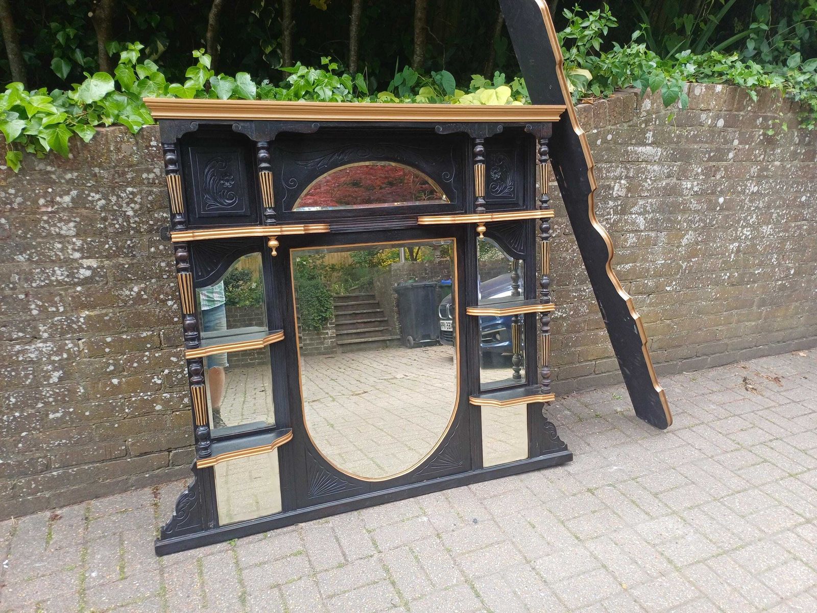 Massive Victorian Over Mantel Mirror Black Gold Painted Mahogany Walnut Shelved Antique Mirror 1890s Statement Piece Free Hand Delivery