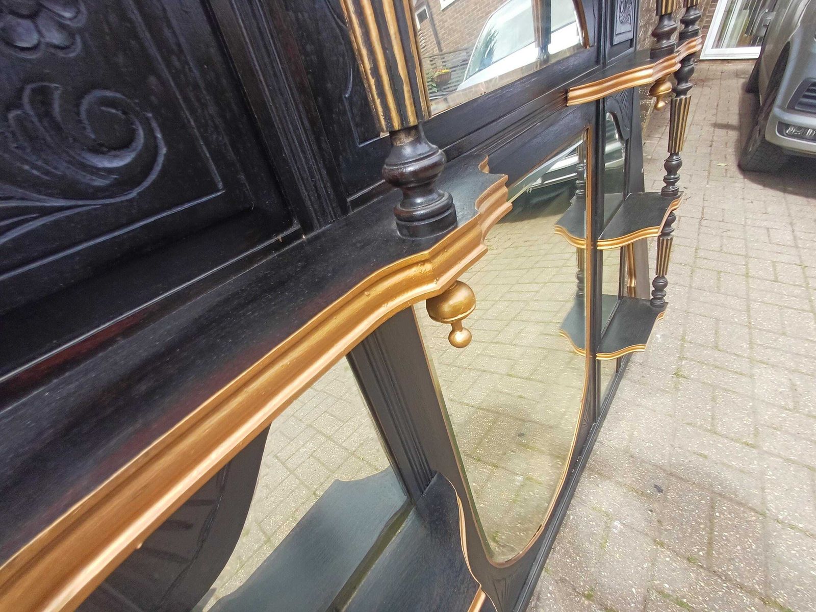 photo for sale Massive Victorian Over Mantel Mirror Black Gold Painted Mahogany Walnut Shelved Antique Mirror 1890s Statement Piece Free Hand Delivery