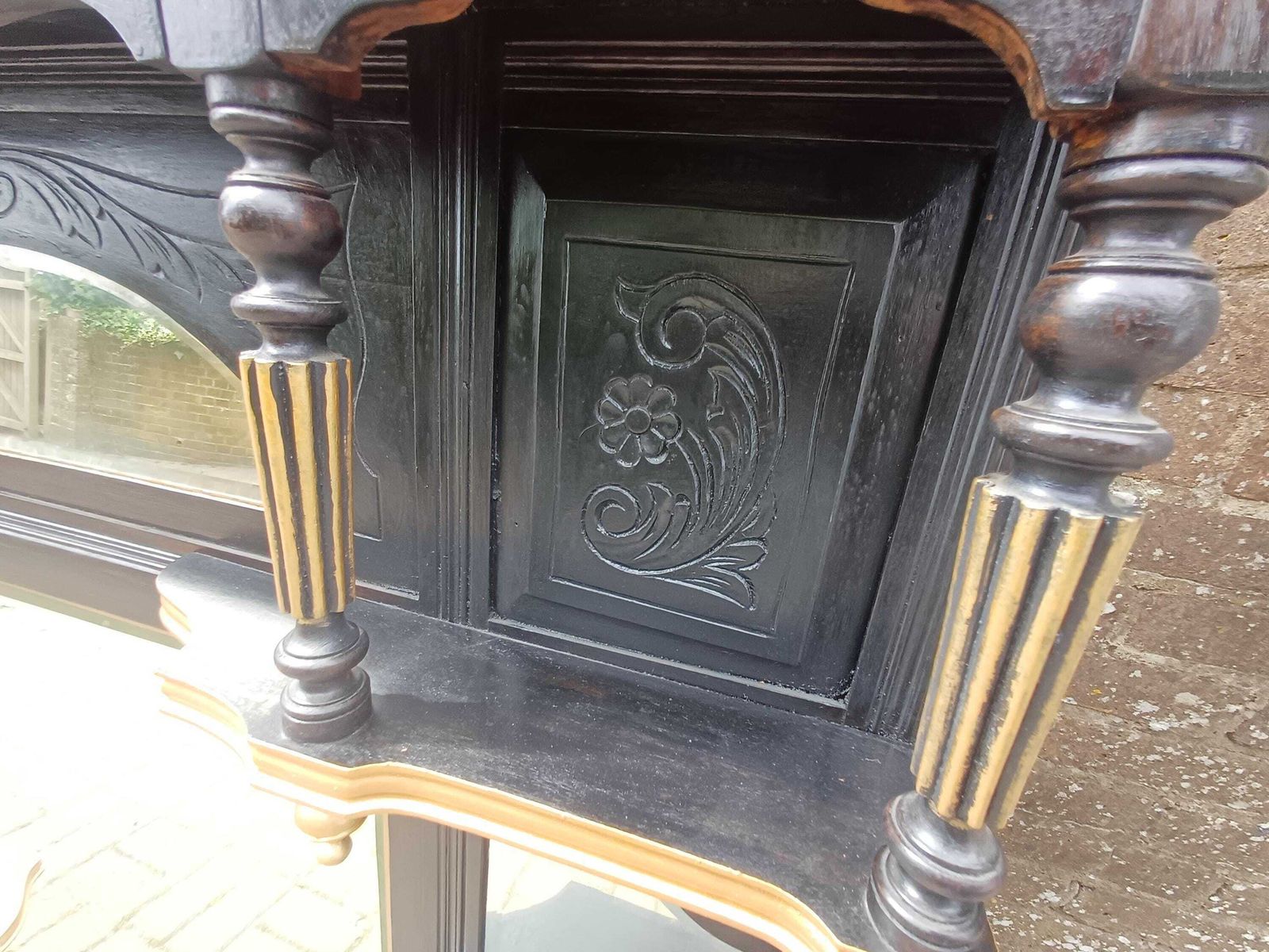 photo vintage Massive Victorian Over Mantel Mirror Black Gold Painted Mahogany Walnut Shelved Antique Mirror 1890s Statement Piece Free Hand Delivery