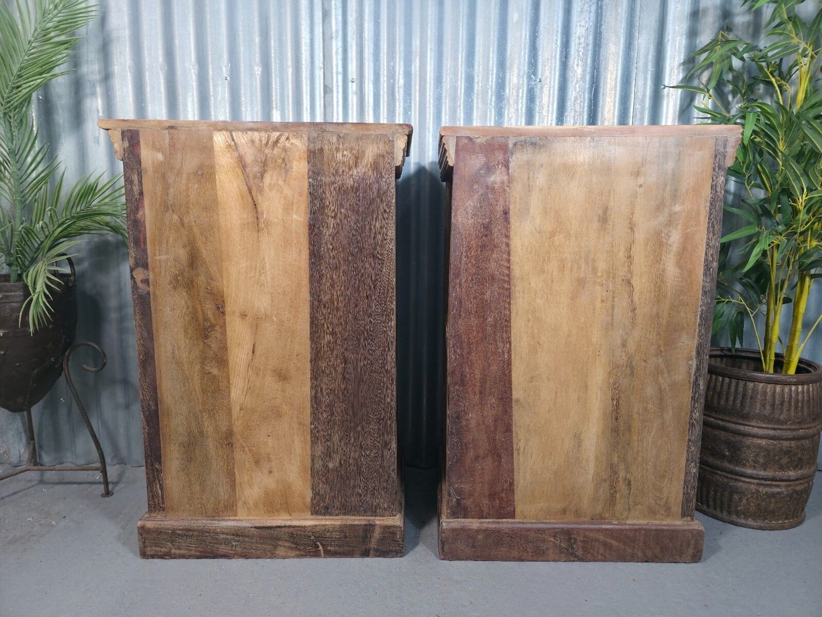 Vintage Reclaimed Pair Wooden Indian Carved Bedside Tables Cupboards Cabinets photo buy