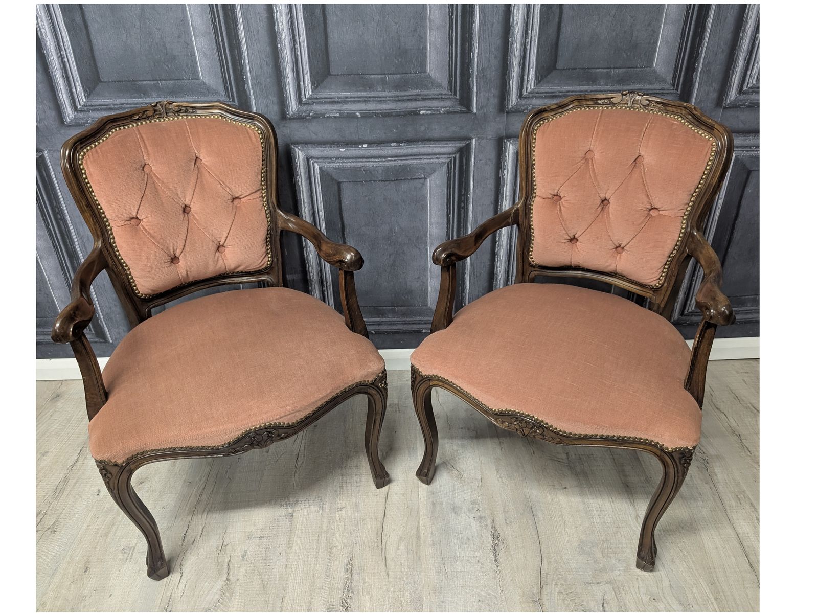 Pair Of Vintage French Louis XV Style Fauteuil Armchairs In Dusky Pink, 1970s photo for sale