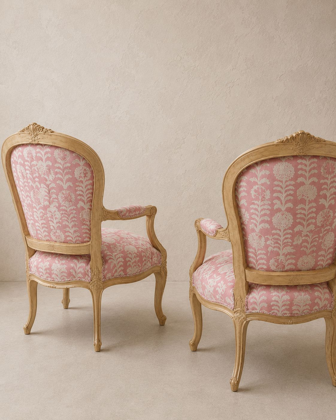 Pair Of Louis XVI Style Painted Fauteuils In Penny Morrison Killi Pink Linen photo buy