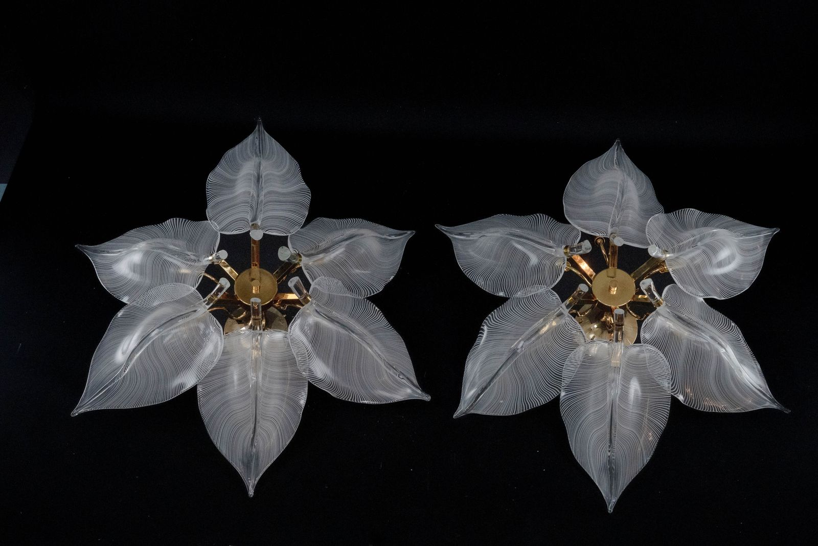 Rare Pair Of Large 1970s Franco Luce Murano Glass Leaf Ceiling Flush Mounts