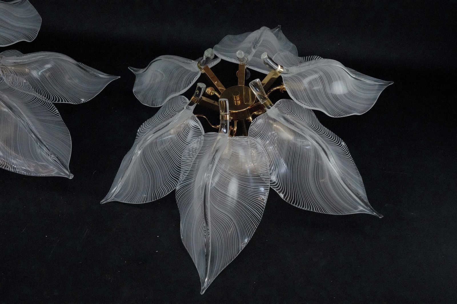 Rare Pair Of Large 1970s Franco Luce Murano Glass Leaf Ceiling Flush Mounts photo 9100.0