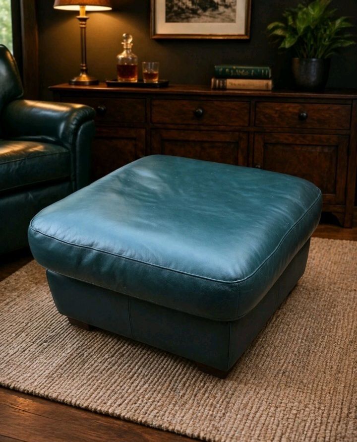 Luxury Green Leather Footstool Ottoman USA Made Vintage photo furniture