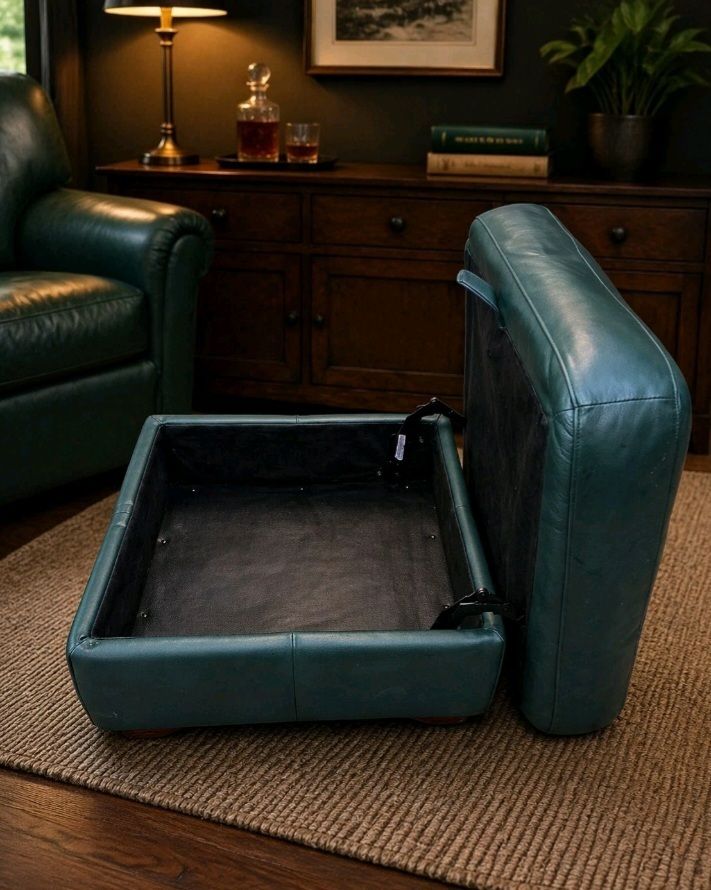 Luxury Green Leather Footstool Ottoman USA Made Vintage photo for sale