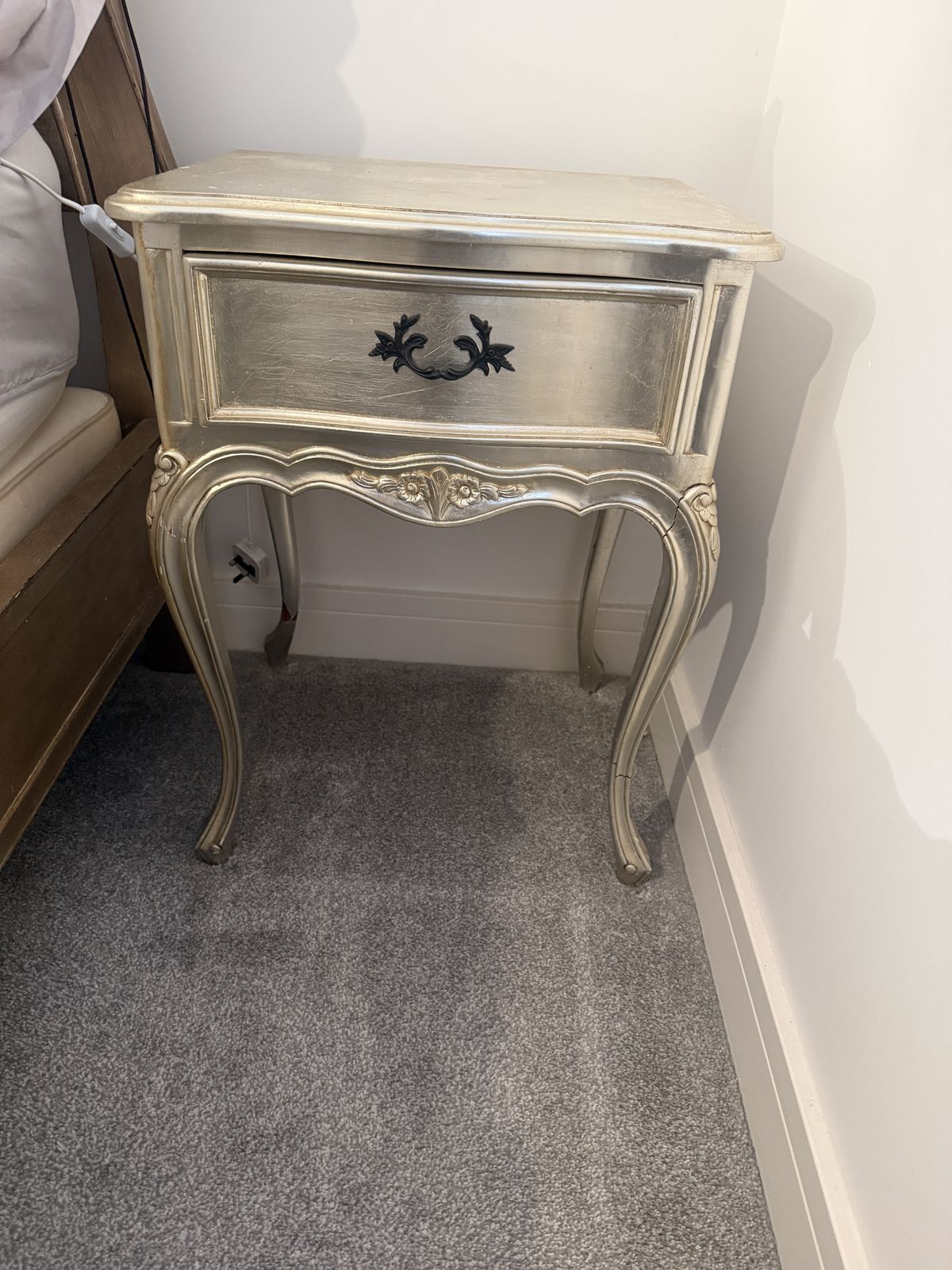 Pair Of Vintage French Rococo Style Bedside Tables – Hand Finished Silver Gilt Wood Side Tables photo vintage