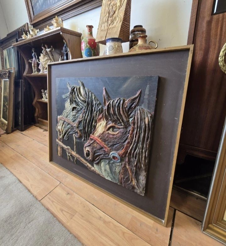 Monumental Hand Carved Horse Relief Panel By E Baras Greek Sculpture 1979 photo furniture