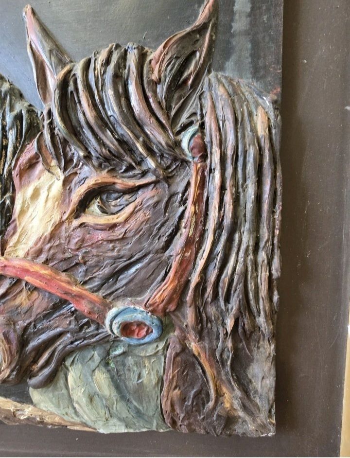 Monumental Hand Carved Horse Relief Panel By E Baras Greek Sculpture 1979 photo for sale