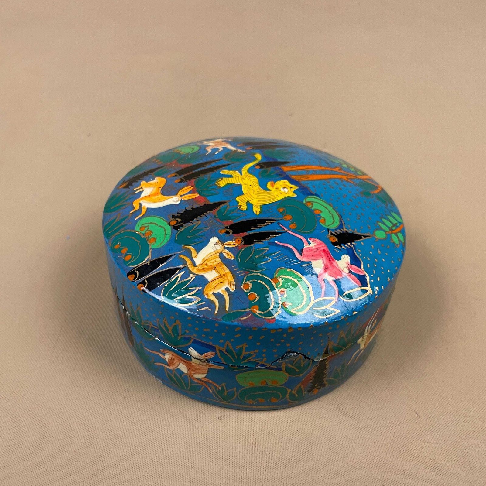Indian Hand Painted Round Box Kashmir Papier Mache Set Of 6 Coasters Mats Mat Trinket Blue Vintage Antique Old Animals Coaster Placemat photo buy