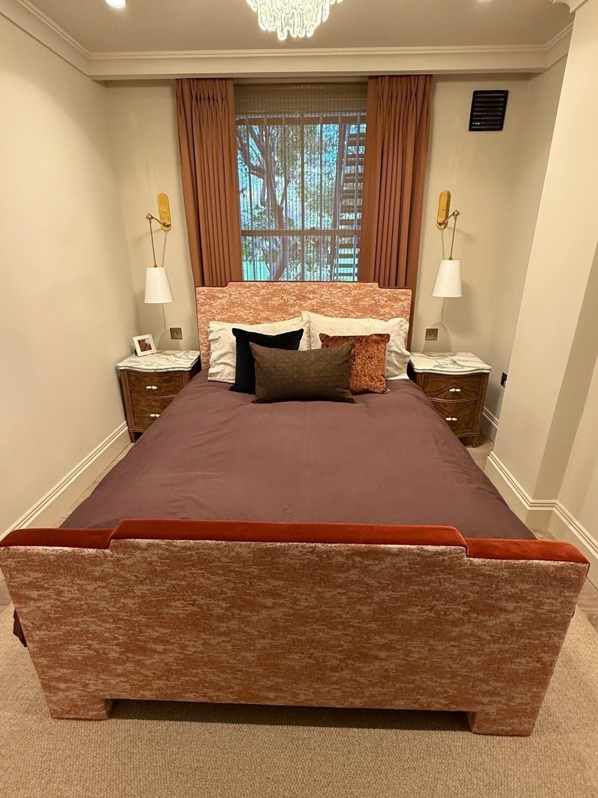 Custom Upholstered Double Size Bed. Patterned Boho, Glam, Soho Home, Fabric photo furniture
