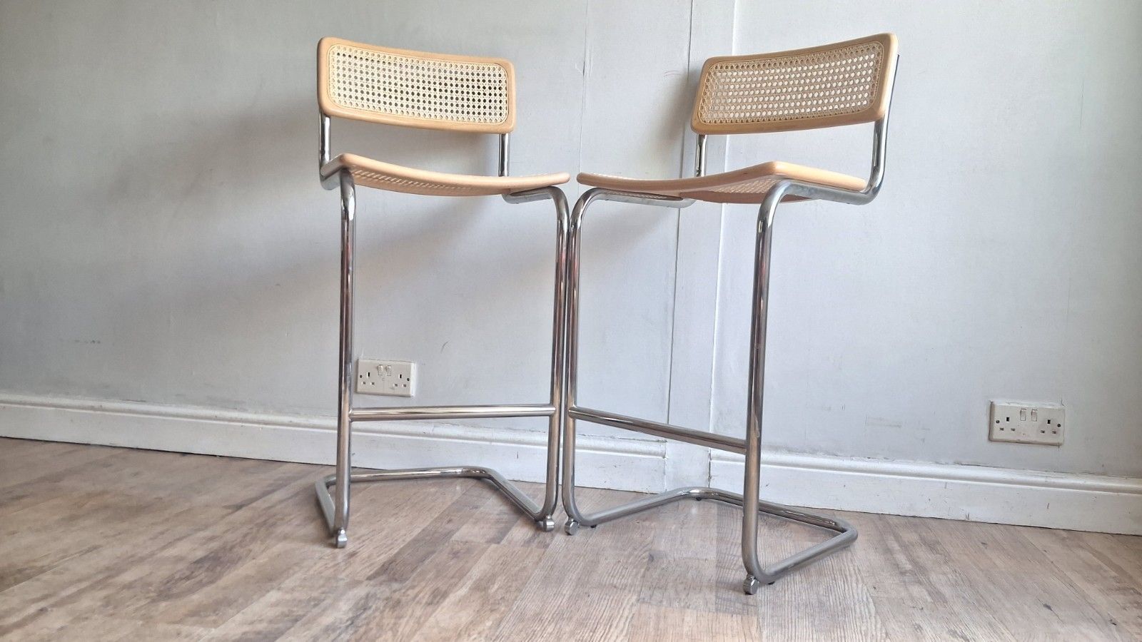photo vinterior Pair Of Cesca Breuer Design Italian 1980's Beech Stools,Bar,/ Breakfast  Stools