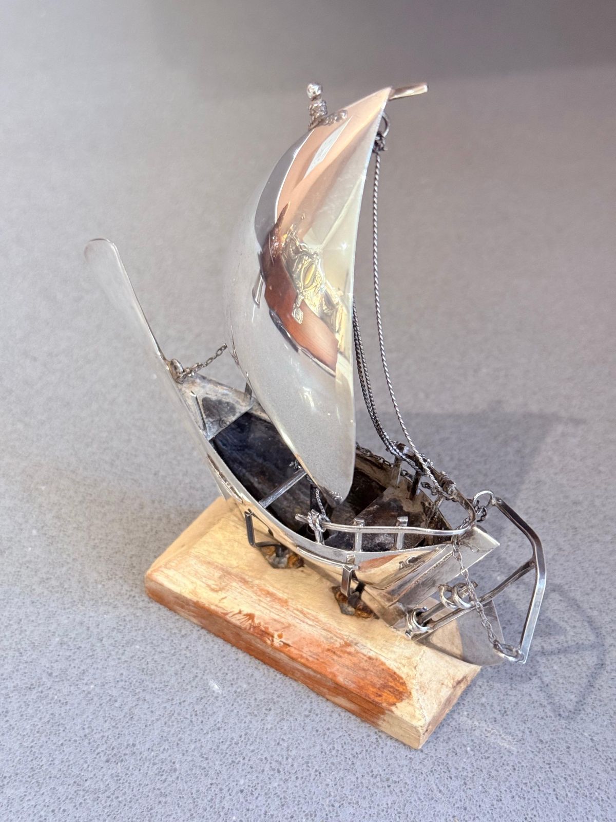 Art Vintage Silver Plated Sailing Ship Sculpture On Wooden Base, Nautical Décor photo