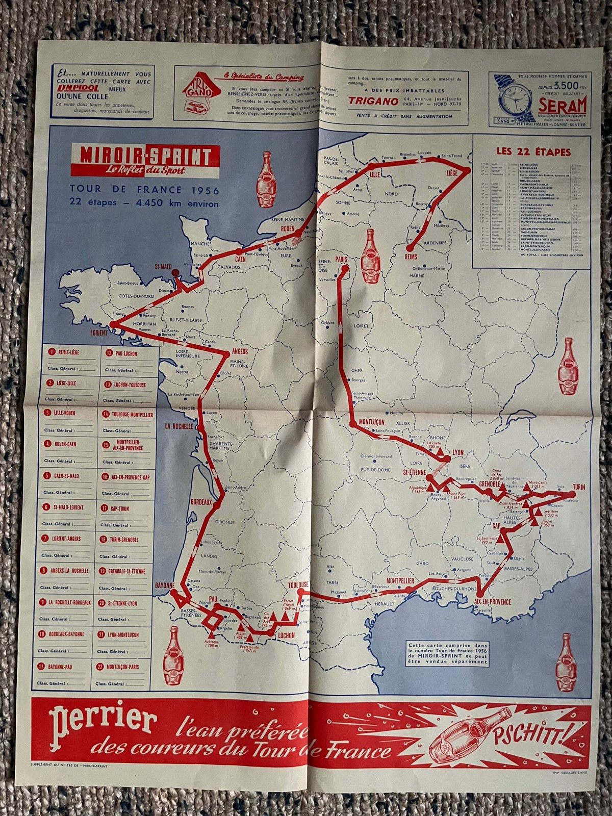 Vintage Cycling Print   Tour De France, Perrier Route Map, Original 1956