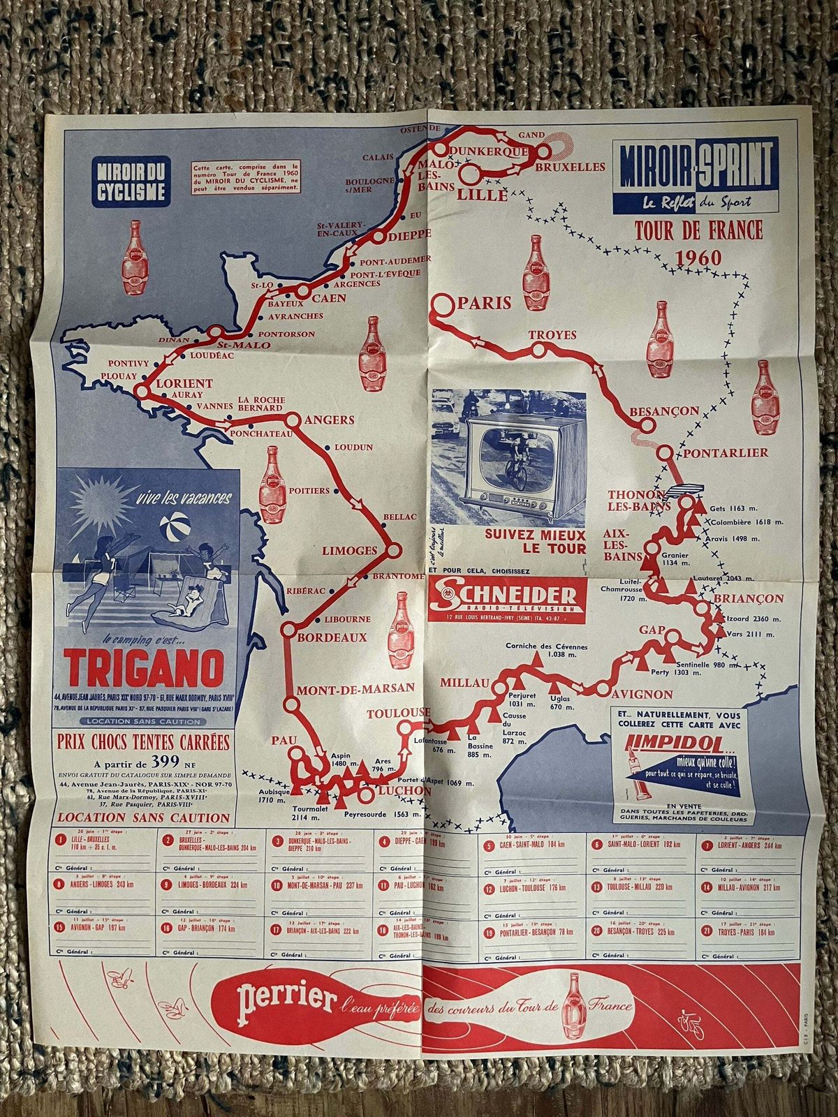 Vintage Cycling Print   Tour De France, Perrier Map, Original 1960