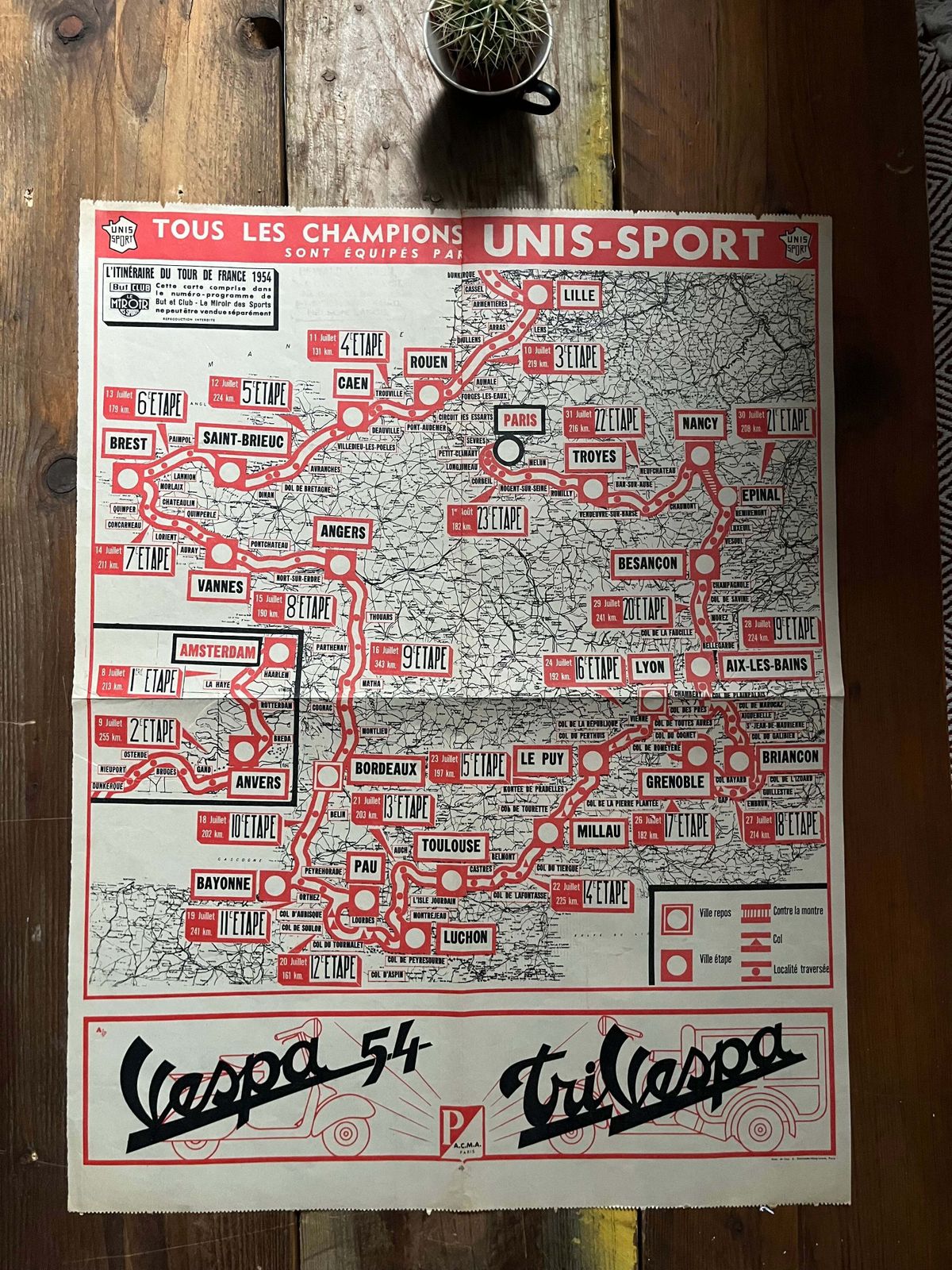 1954 Vintage Tour De France Vespa Stage Map photo furniture