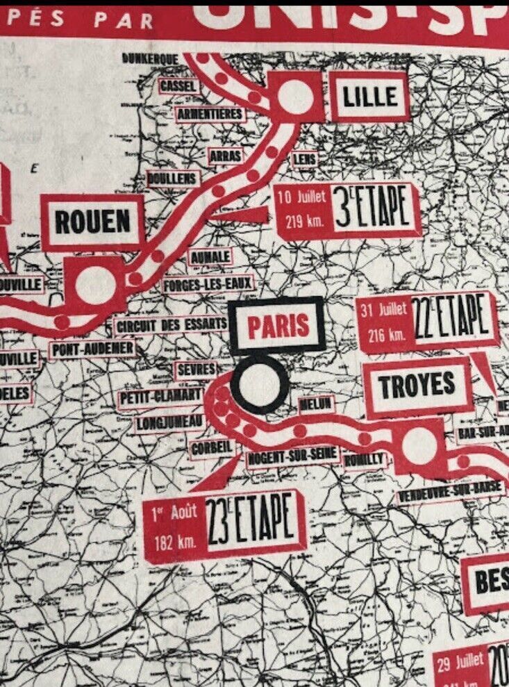 1954 Vintage Tour De France Vespa Stage Map photo 657.0