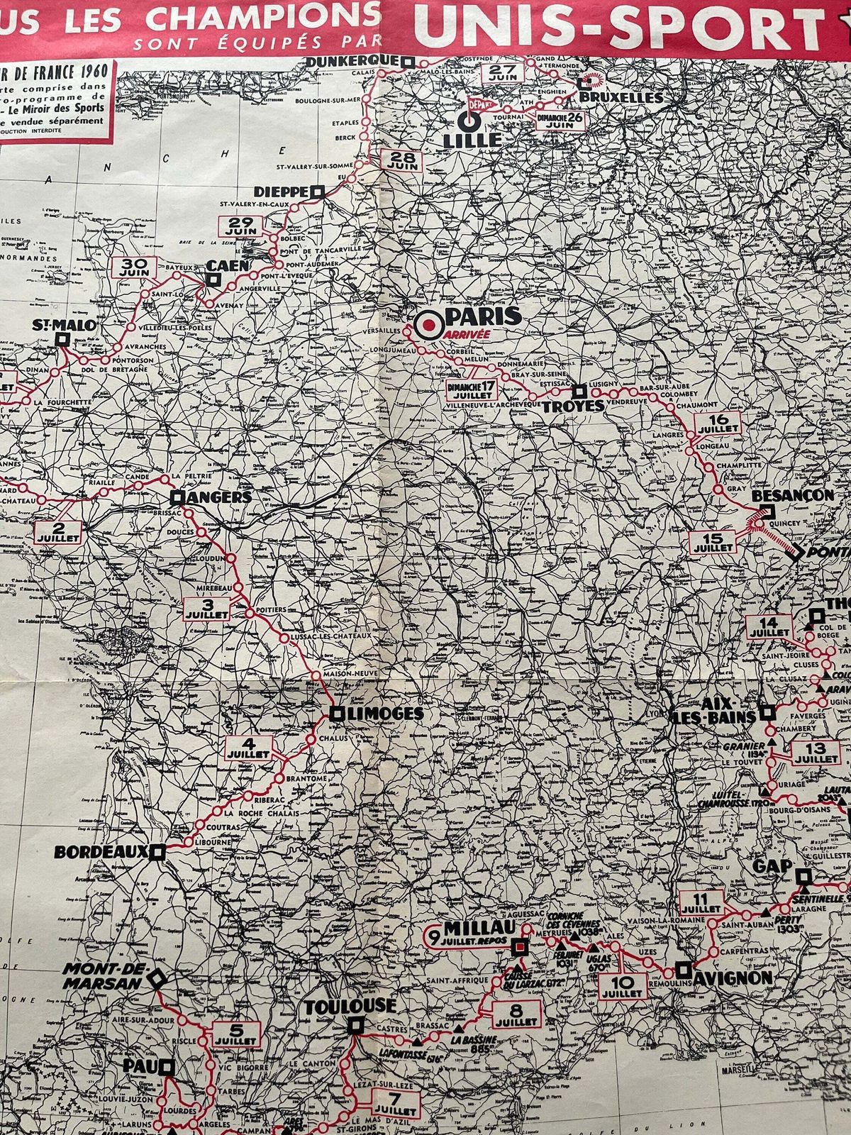 Vintage Cycling Print   Tour De France Route Map, 1960 photo Art