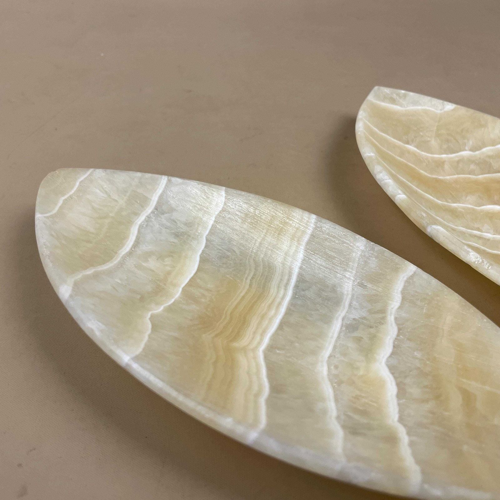 Pair Of 2 Onyx Marble Dishes Decorative Vanity Small Tray Stone Jewellery Display Dressing Table Decor Striped Beige Set Plate Bowl Pattern photo Home Decor