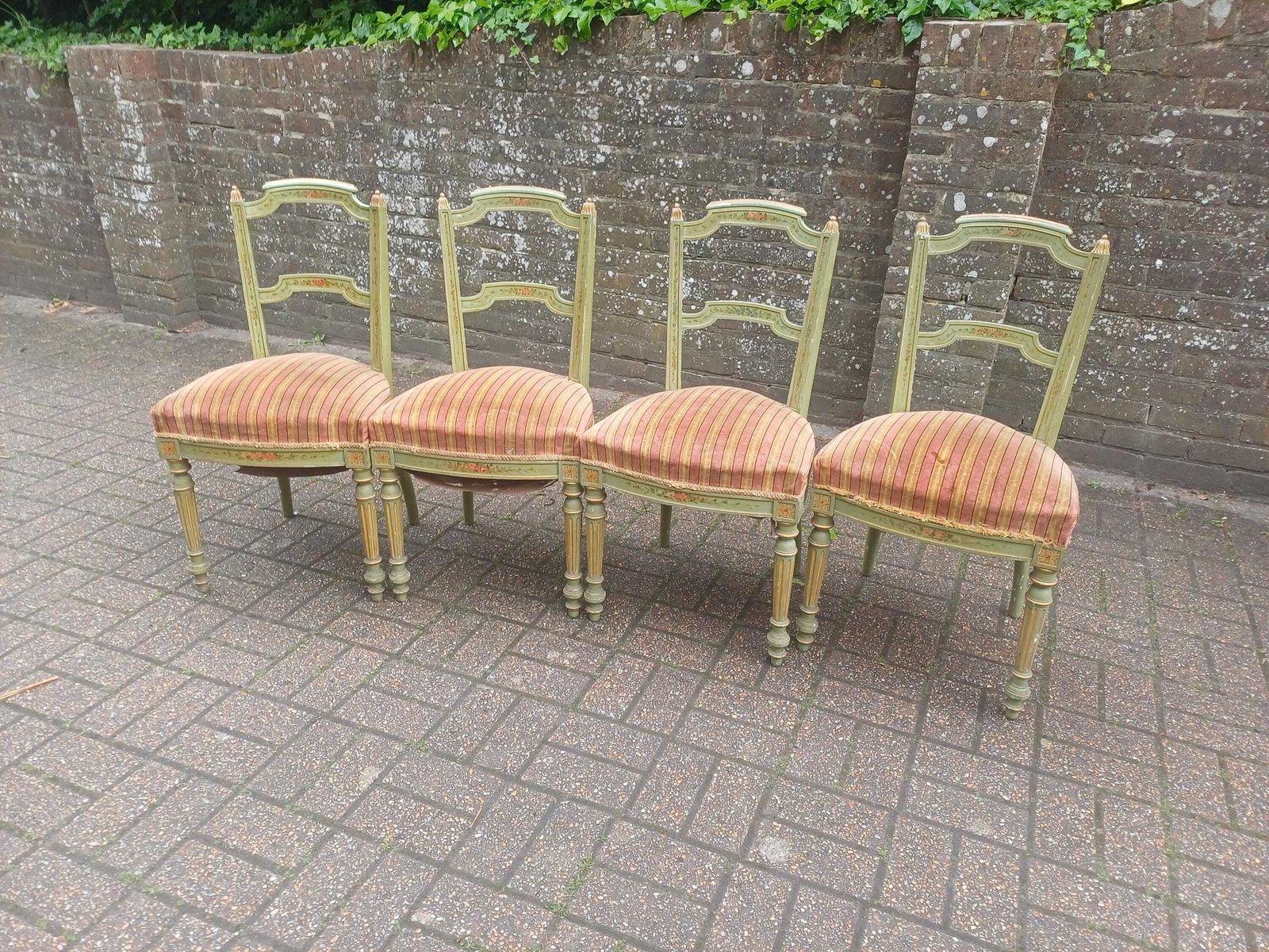 Detailed Set Of 4 French Victorian Painted Dining Chairs Original Velvet Upholstery Shabby Chic Floral Green