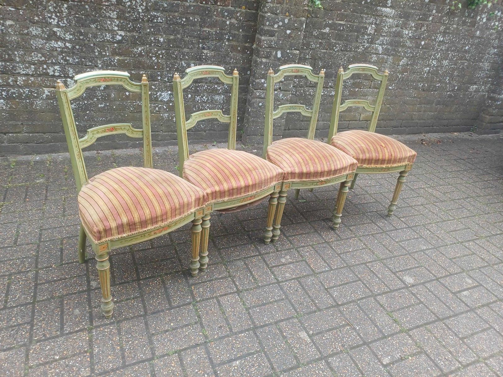 Detailed Set Of 4 French Victorian Painted Dining Chairs Original Velvet Upholstery Shabby Chic Floral Green photo 680.0