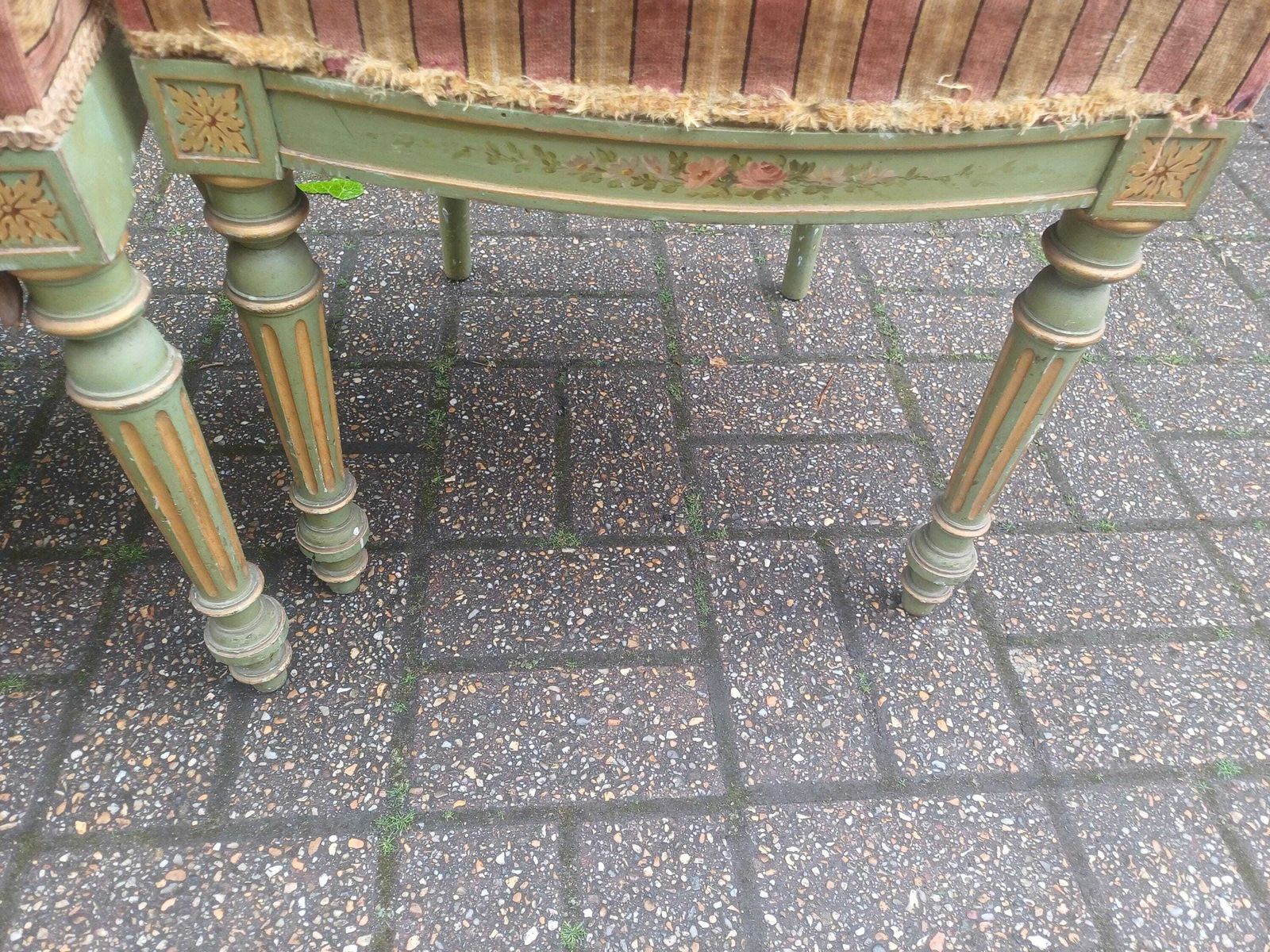 photo for sale Detailed Set Of 4 French Victorian Painted Dining Chairs Original Velvet Upholstery Shabby Chic Floral Green
