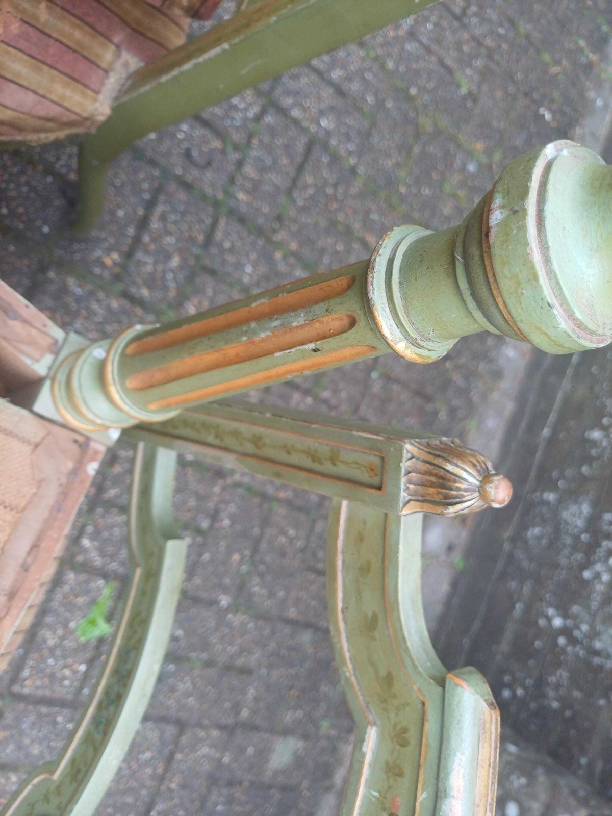 photo buy Detailed Set Of 4 French Victorian Painted Dining Chairs Original Velvet Upholstery Shabby Chic Floral Green
